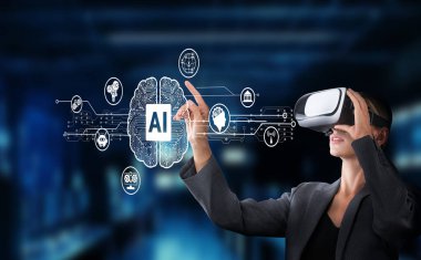 Bir iş adamı sanal gerçeklik teknolojisiyle yapay zeka kavramlarını araştırır. Dijital simgeler yeniliği ve gelecekteki eğilimleri sembolize eder. XDMCP