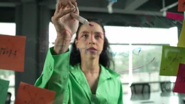 Zeki, profesyonel İspanyol iş kadınının portresi renkli yapışkan notlarla cam tahtaya pazarlama fikirleri yazıyor. Genç yönetici, analiz iş planının zihin haritasını çiziyor. - Yakın çekim. Yönlendirici.