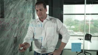 Profesyonel erkek lider yapışkan notlar üzerine pazarlama fikri yazıyor. Kafkasyalı işadamı cam duvarda renkli yapışkan notlar kullanırken pazarlama kampanyasını düşünüyor. - Yakın çekim. Yönlendirici.