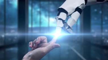 Robotik bir el, çağdaş dijital çalışma alanında gelişmiş teknoloji ve veri korumasının kesişimini temsil eden parlayan bir güvenlik kalkanına dokunur. Auvana