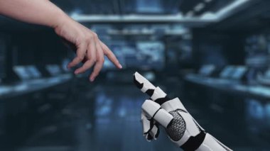 Yüksek teknolojili bir sahnede insan eli dijital kilit sembolüne uzanırken, güvenlik ve mahremiyet sağlamada insan çabalarının ve robot teknolojisinin kesişimini vurguluyor. Auvana