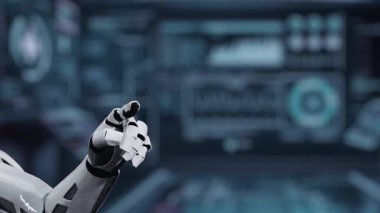 Robotik el işaretini kapat ve bulanık laboratuvar geçmişine sahip çapraz holograma dokun. Tıbbi verilere erişmek ve onları teşhis etmek için robot el tıklaması. Sağlıklı..