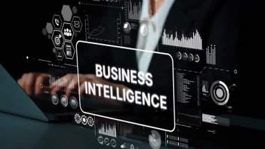 Dijital arayüzü ve istatistik temsili ile veri analizi ve teknoloji gösteren profesyonel iş zekası kavramı. Asemptotik akıllı veri analitiği.