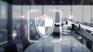 Gösterişli bir ofiste dijital siber güvenlik kalkanına uzanan fütürist bir robot el, veri koruma ve yenilikte ileri teknoloji rolünü sembolize ediyor. Auvana