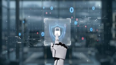 Bir robot el dijital güvenlik arayüzü ile etkileşime girer ve siber güvenlikteki gelişmiş teknolojiyi vurgular. Bu fütüristik imaj yenilik ve korunmayı vurguluyor. Auvana