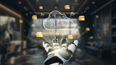 Bir robot el soyut bir buluta doğru uzanır, dijital dosya transferlerini ve karmaşık ofis alanındaki bağlantıyı sembolize eder, gelecekteki yenilikleri ön plana çıkarır. Auvana