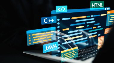 Çeşitli renkli kodlama dillerine sahip bir dizüstü bilgisayar üzerinde çalışan bir programcının dijital temsili. Karanlık zemin parlak arayüzleri ve kodlama elementlerini vurguluyor. Dörtgen