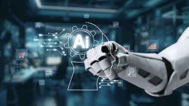 Gelecekçi bir robot eli, dijital teknolojinin ve yapay zekanın günlük faaliyetlere entegrasyonunu gösteren, modern bir çalışma alanı içindeki yapay zeka sembolüne işaret ediyor. Auvana