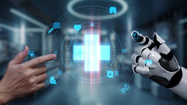 Robot ve insan elini uzatıyor ve yüzen tıbbi haç ikonu ile parmağıyla işaret ediyor. Laboratuvar geçmişini işaret ederken robot eller ve insanların birlikte çalışması yakın plan. Sağlıklı..