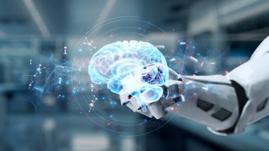 Bulanık laboratuvar arka planına sahip beyin hologramına robotik el gösterimi yap ve tıkla. Tıbbi verilere erişmek ve onları teşhis etmek için robot el beyin ikonuna tıklıyor. Sağlıklı..