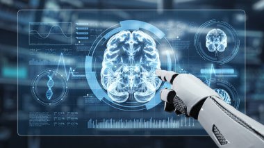 Bulanık laboratuvar arka planına sahip beyin hologramına robotik el gösterimi yap ve tıkla. Tıbbi verilere erişmek ve onları teşhis etmek için robot el beyin ikonuna tıklıyor. Sağlıklı..