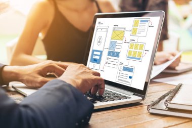 Model mobil uygulama ve web sitesi için UX UI tasarım süreci. Profesyonel uygulama geliştiricisi için kablo grafiğinin yaratıcı prototipi .