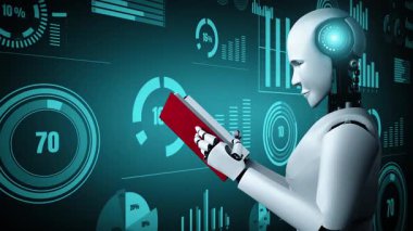 Future financial technology controll by AI robot huminoid uses machine learning and artificial intelligence to analyze business data and give advice on investment and trading decision . 3D rendering .