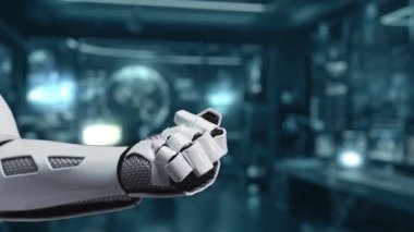 İleri teknolojiyi sembolize eden, ileri teknoloji ortamında parlayan kullanıcı simgelerini ve veri görsellerini gösteren gelecekçi bir robot el dijital ağ ile etkileşime girer. Auvana