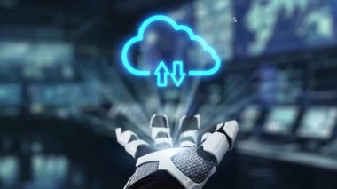 Bu videoda bir robotik elin bulut arayüzüne uzandığı, veri paylaşımı ve bağlanabilirlikteki gelişmiş teknolojiyi sembolize ettiği, kullanıcı etkileşimini ve yeniliğini geliştirdiği görülüyor. Auvana