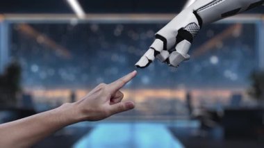 Bir robot elin insan parmağına uzandığını gösteren büyüleyici bir video, yapay zeka alanlarındaki teknoloji ve insanlık arasındaki işbirliğini vurguluyor. Auvana