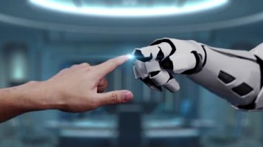 Bir insan elinin robot kola uzandığını gösteren dinamik bir sahne, insanlar ve teknoloji arasındaki etkileşim ve yeniliğin geleceğini şekillendiren sinerjiyi gösteriyor. Auvana