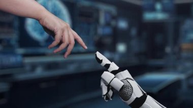 Robot ve insan elini uzatıyor ve parmağıyla beyin simgesini havada yüzdürüyor. Laboratuvar geçmişi bulanıklaşırken robot el ve insanın birlikte çalışmasını engelle. Sağlıklı..