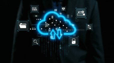 Bir iş elbisesi üzerinde veri transferi sembolleriyle modern bulut teknolojisinin görsel temsili, yenilik, güvenlik ve dijital çözümlerin temaları. Dörtgen