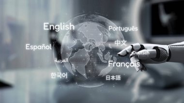 Gelecekçi bir robot el, çeşitli dilleri gösteren, küresel iletişimi ve modern toplumda teknolojik bütünleşmeyi sembolize eden holografik bir küreye uzanır. Auvana