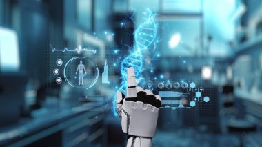 Tıbbi verilere ya da teşhis semptomlarına erişmek için robot ellerle DNA hologramına tıklayın. Yapay zeka semptomları analiz ederken genetik simülasyonda robot el kontrolü. Sağlıklı..