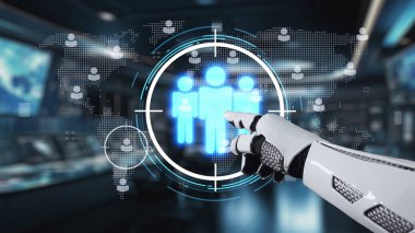 Fütüristik bir robot el dijital arayüzde parlayan insan simgelerine işaret ederek, insan etkileşimi ve küresel bağlantıdaki modern teknoloji rolünü vurguluyor. Auvana