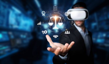 Sanal gerçekliği kullanarak yapay zekanın ve hukuki etiğin kesişimini araştıran bir profesyonel. Bu temsil dijital yönetimde ortaya çıkan düzenlemeleri vurgular. XDMCP