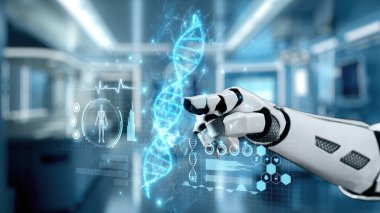 Bulanık laboratuvar arka planına sahip DNA hologramına robotik el gösterimi ve dokunuşlarını kapat. Tıbbi verilere erişmek ve onları teşhis semptomlarına bağlamak için robot el DNA ikonuna tıklıyor. Sağlıklı..