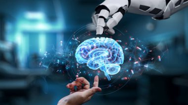 Robot ve insan elini uzatıyor ve parmağıyla beyin simgesini havada yüzdürüyor. Laboratuvar geçmişi bulanıklaşırken robot el ve insanın birlikte çalışmasını engelle. Sağlıklı..