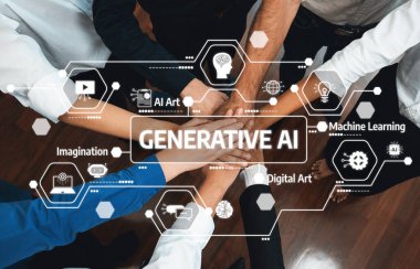 Çeşitli ofis çalışanlarından oluşan bir grup, ofis odasında el ele vererek iş sinerjisini ve iş yerindeki güçlü verimli takım çalışmasını sembolize ediyor. İş çalışanları arasındaki işbirliği ve birlik. İhtiyatlı Dostluk