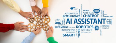 Çeşitli uygulamalar için yenilikçi yapay zeka çözümleri yaratmak için teknolojinin ve insanların çabalarının birleşmesini sembolize eden, el çabalarının canlı bir işbirliği. Dostluk