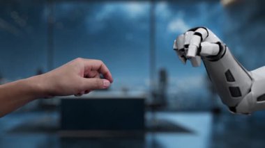 Büyüleyici bir sahne, teknoloji ve insanlık arasındaki işbirliğini sembolize eden, veri görselleştirmeleri ve yükselen eğilimlerle geliştirilmiş bir insan elinin robotik kola uzandığını gösteriyor. Auvana