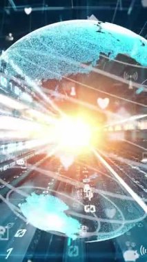 Fütürist küresel sosyal medya, insanlar iletişim ağı ve dijital veri paylaşımı kuruyor. Yeni bilgi çağındaki küresel eğilimleri değiştiren akıllı dijital dönüşüm ve teknoloji bozulması kavramı .