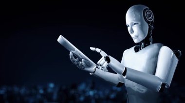 Büyük veri analizi için tablet bilgisayar kullanan robot insansı yapay zeka, yapay zeka ve 4. endüstriyel devrim için makine öğrenme yöntemlerini kullanıyor. 3B görüntüleme.