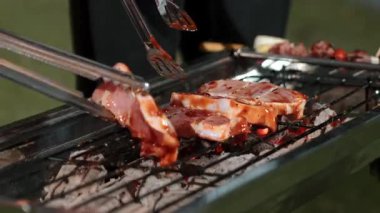 Grilled food of family celebration anniversary. Family have dinner party in garden. Outdoor camping activity relax with tasty food and spend time with cute relatives cross generation gap. Divergence.