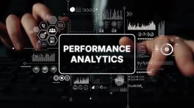 Veri Sezgileri için Performans Analitik Grafik Kaplaması ile Klavyede Yazan Bir Analistin Elleri. Asemptotik akıllı veri analitiği.