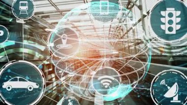 Yeni şehir yolunda gelecek araba trafiği için akıllı ulaşım teknolojisi kavramı. Sanal akıllı sistem, şehir sokaklarındaki araç verilerini birbirine bağlamak için dijital bilgi analizi yapıyor .