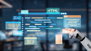 Bir robotik el, modern dijital çalışma alanı ortamında çeşitli kodlama dillerini gösteren, yeniliği sembolize eden gelecekçi bir programlama arayüzü ile etkileşir. Auvana