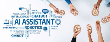 Çeşitli eller, yenilik, otomasyon, zeka ve teknolojik gelişmelere odaklanan takım çalışmasını sembolize eden yapay zeka yardımcı konseptini sergilemek için işbirliği yaparlar. Dostluk