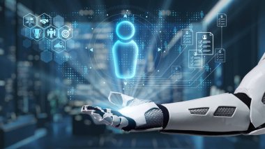 Gösterişli bir robot el, karmaşık veri görselleştirmeleri, gelişmiş teknoloji ve dijital etkileşimin somut örnekleriyle çevrili canlı bir holografik avatarı sergiliyor. Auvana