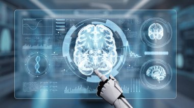 Tıbbi verilere ya da teşhis semptomlarına erişmek için robot ellerle beyin hologramına tıklayın. Yapay zeka semptomları analiz ederken beyin anatomisini kontrol eden robot el. Sağlıklı..