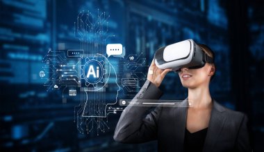 Sanal gerçeklik kulaklığı takan, yapay zeka ve sohbet robotlarıyla çevrili profesyonel bir kadının görüntüsü teknoloji ve dijital deneyimlerdeki yenilikleri vurguluyor. XDMCP