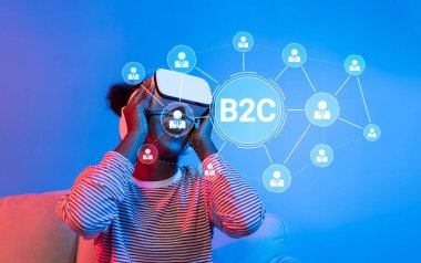 B2C kavramlarını temsil eden ve dinamik bir müşteri etkileşimi ağını canlı bir ortamda gösteren sanal gerçeklik teknolojisine dalmış genç bir insan. XDMCP