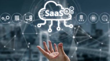 SaaS 'ın dijital ortamda altyapı, SaaS konuşlanma, SaaS platform özellikleri ve SaaS entegrasyon modelini gösteren görsel temsili. Muxer