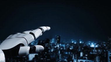 Gelecekçi robot yapay zeka yapay zeka yapay zekayı aydınlatıyor ve makine öğrenme kavramını geliştiriyor. İnsan hayatının geleceği için küresel robotik blok zincir bilimi araştırması. 3B görüntüleme grafiği