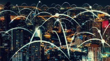 Küreselleşme soyut grafiği bağlantı ağını gösteren akıllı dijital şehir. Gelecekteki 5G akıllı kablosuz dijital şehir ve sosyal medya ağ sistemleri kavramı .