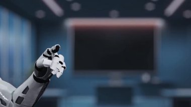 Gelecekçi bir robot el, modern ofis ortamında pazarlama stratejisi sergileyen dijital bir gösterge paneliyle etkileşime girer. Video yenilik ve teknolojiyi simgeliyor. Auvana