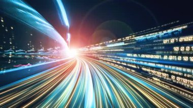 Yol üzerindeki dijital veri akışının dijital dönüşümü, yıkıcı yeniliği göstermek için grafik ile programlama kodlama kavramında hızlı aktarım vizyonu yaratan döngüsel videosu. Kusursuz Döngü .