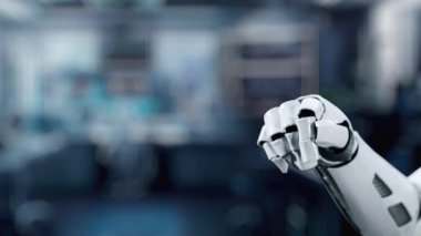 Bulanık laboratuvar geçmişi olan kalp hologramını gösteren robot eli kapat ve tıkırdat. Robot el kalp ikonuna tıklayarak semptomları analiz ediyor. Tıbbi teknoloji. Sağlıklı..