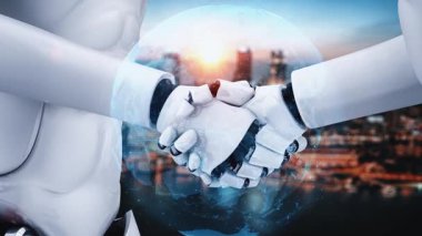3D rendering hominoid robot handshake to collaborate future technology development by AI thinking brain, artificial intelligence and machine learning process for 4th industrial revolution.